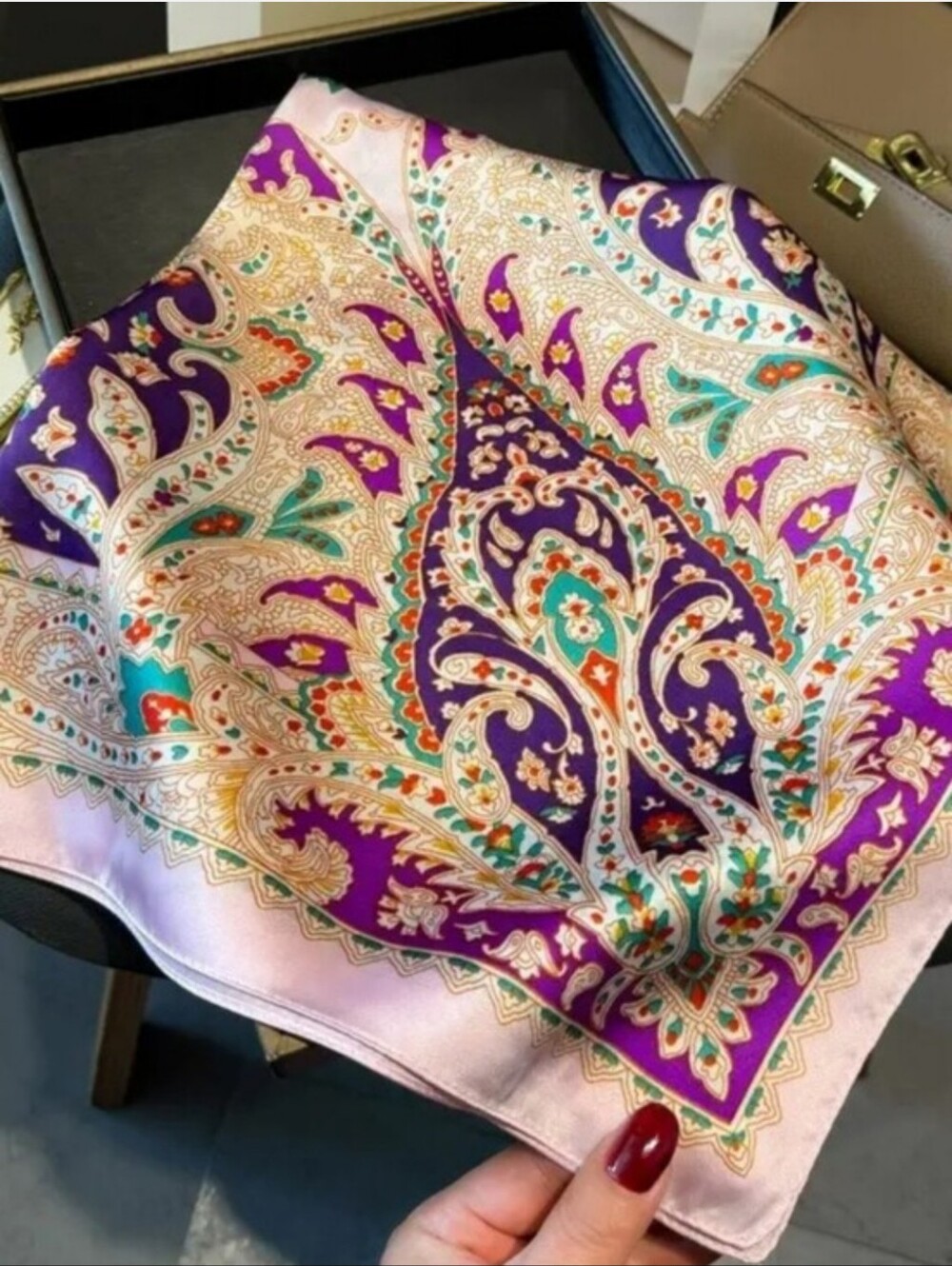 Silk-feel Vibrant Paisley  Scarf in Purple, Teal & Cream